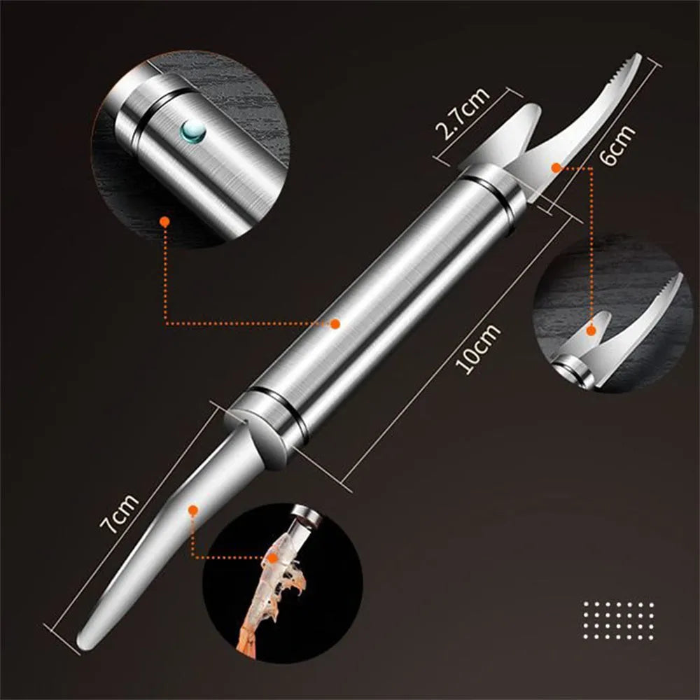 Multifunctional 304 stainless steel shrimp remover with eagle-beak tip and double row blades