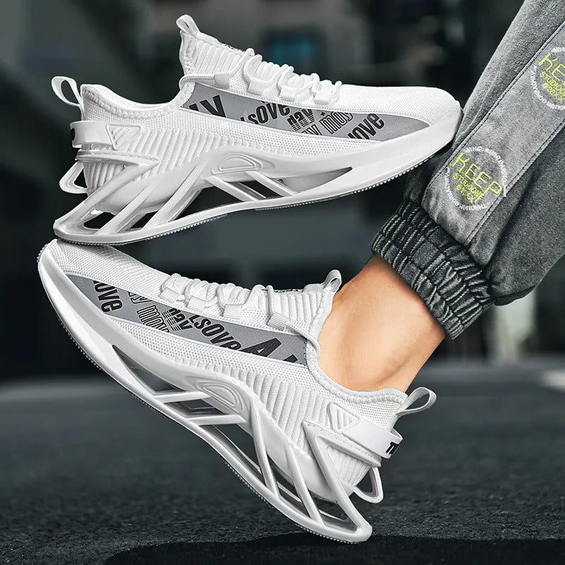 Men's casual exercise shoes with fly woven mesh upper in solid colour with embroidery details