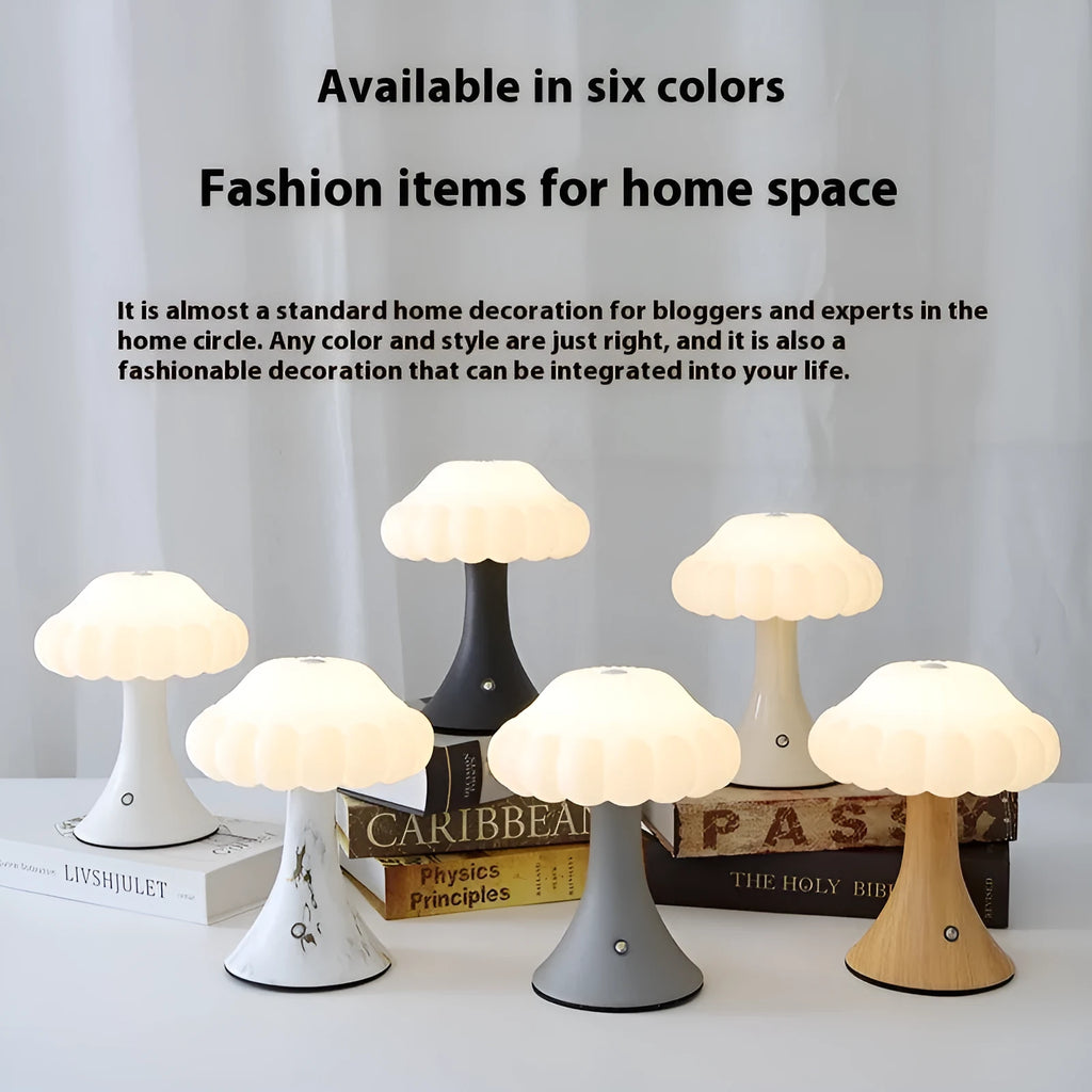 Creative mushroom-shaped night lamp in wood grain colour on a table
