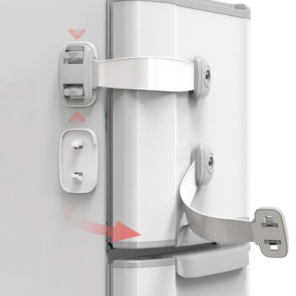Adjustable child safety cabinet lock with strap showing grey and green colour options