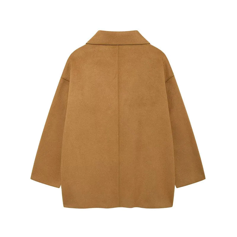 Women's orange double-sided woolen coat, 100cm long, regular fit, long sleeves and pockets, sizes S-M