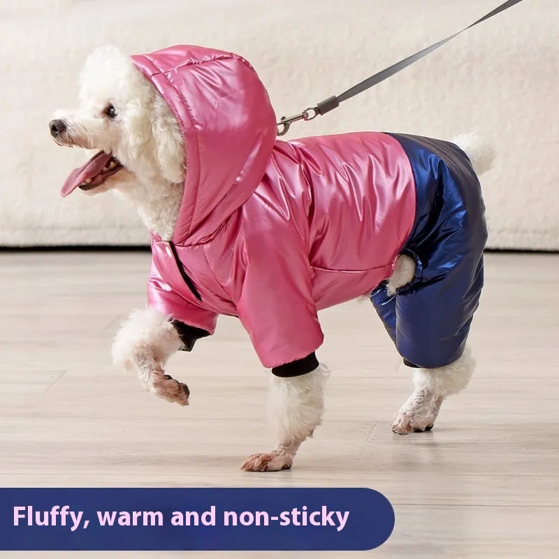 Green waterproof windproof cotton padded dog coat showing four-legged design