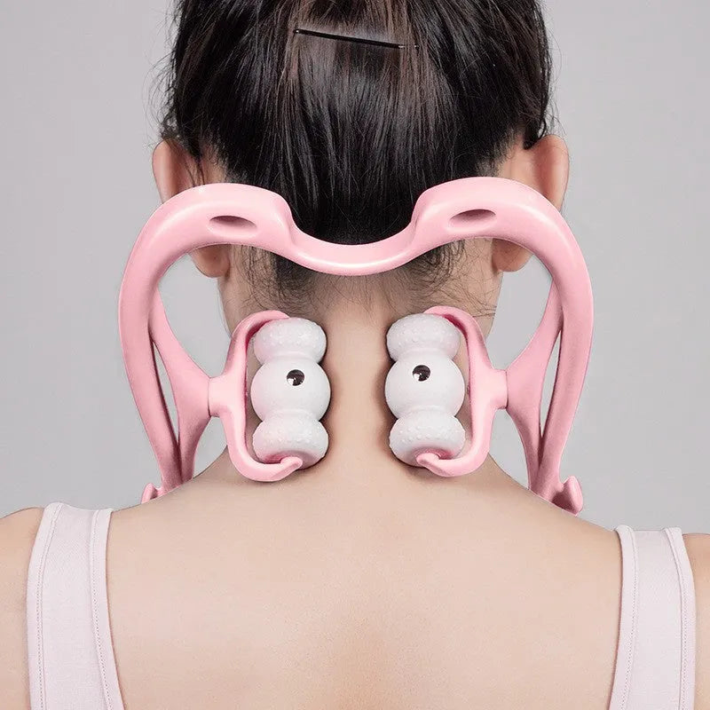 Blue handheld neck and shoulder massager with pressure nodes showing 360-degree rotation.