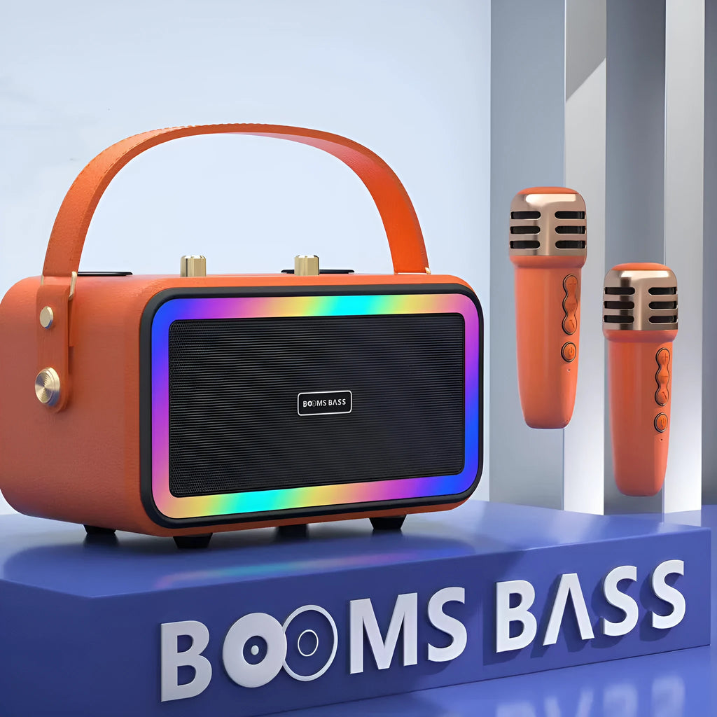 M3201 portable Bluetooth speaker in choice of colours with two wired microphones and cables.