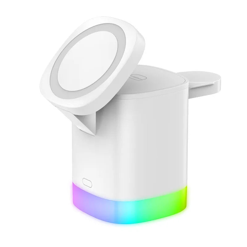 Black foldable 3 in 1 magnetic wireless charging station for phones, iWatch and AirPods with RGB indicator lights