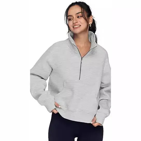 Women's loose lapel fleece-lined sweater in a solid colour showing raglan sleeve design