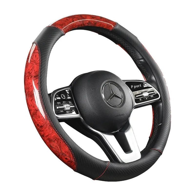Leather steering wheel cover with crystal texture in black brown colour, round style, on a car steering wheel