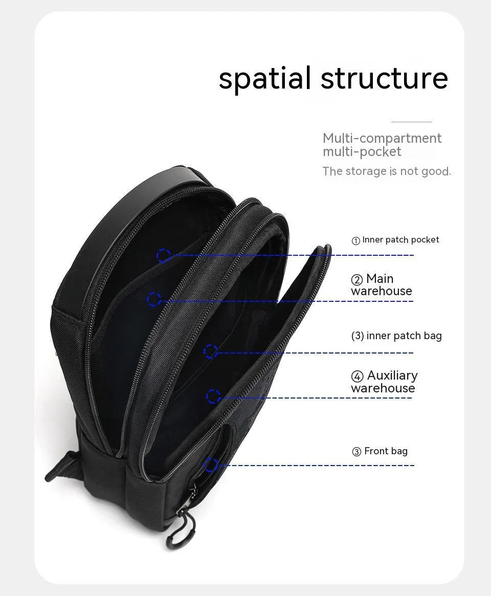 Casual black waterproof TPU chest bag with a single strap and soft handle.