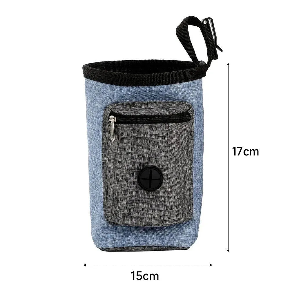 Portable pet outdoor training waist bag in blue, showing clip and elastic opening.