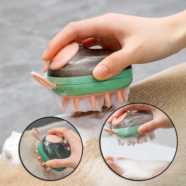 Blue pet grooming brush with soap dispenser and silicone bristles for dogs and cats