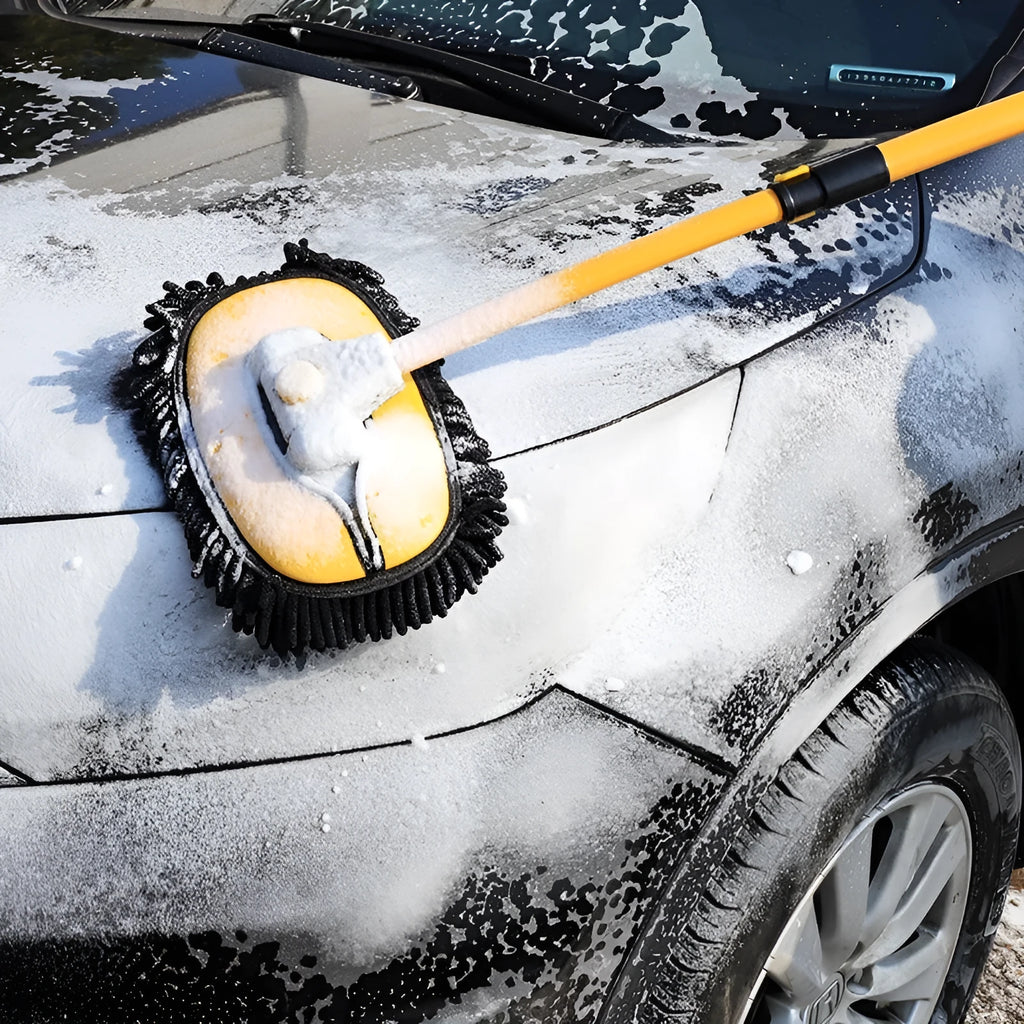 Telescopic car cleaning brush with aluminium curved rod and replaceable chenille brush head in blue and yellow colour options