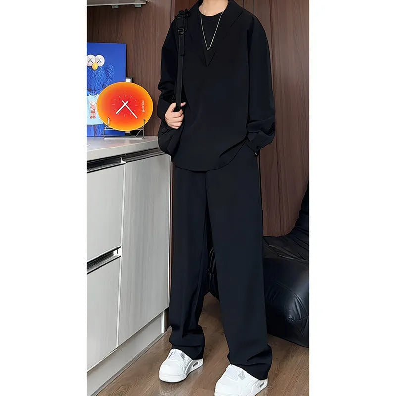Men's black casual two-piece suit with long sleeve polo shirt and trousers in slim fit design