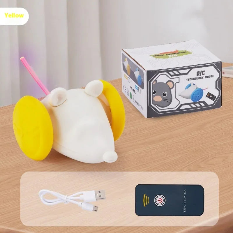 Electric cat toy mouse with remote control in blue or yellow technical mouse design