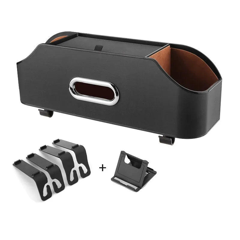 Genuine leather car tissue box holder with water cup storage compartment