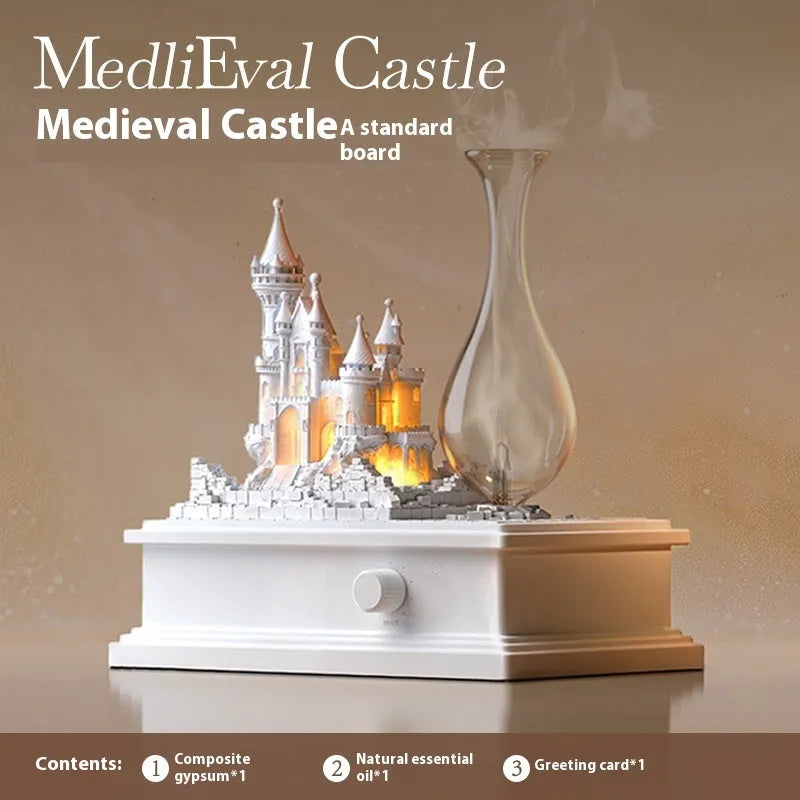White medieval castle-shaped waterless aromatherapy machine with ambient light on a surface.