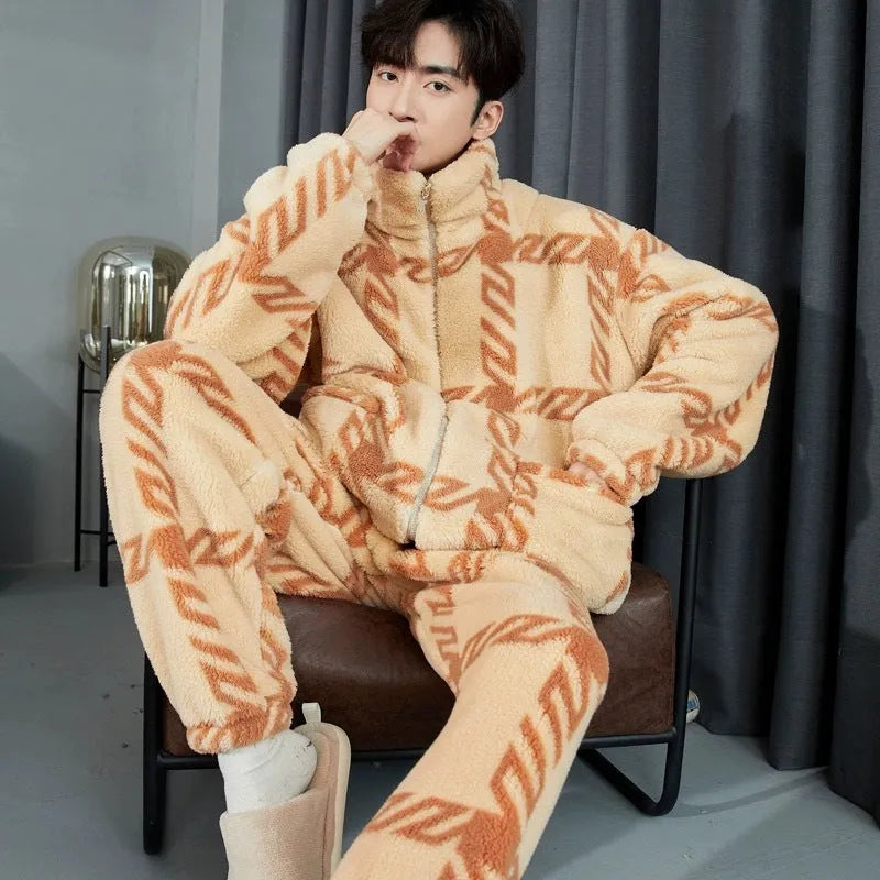 Men's thickened zipper pyjamas in artificial silk fabric colour H020, front view