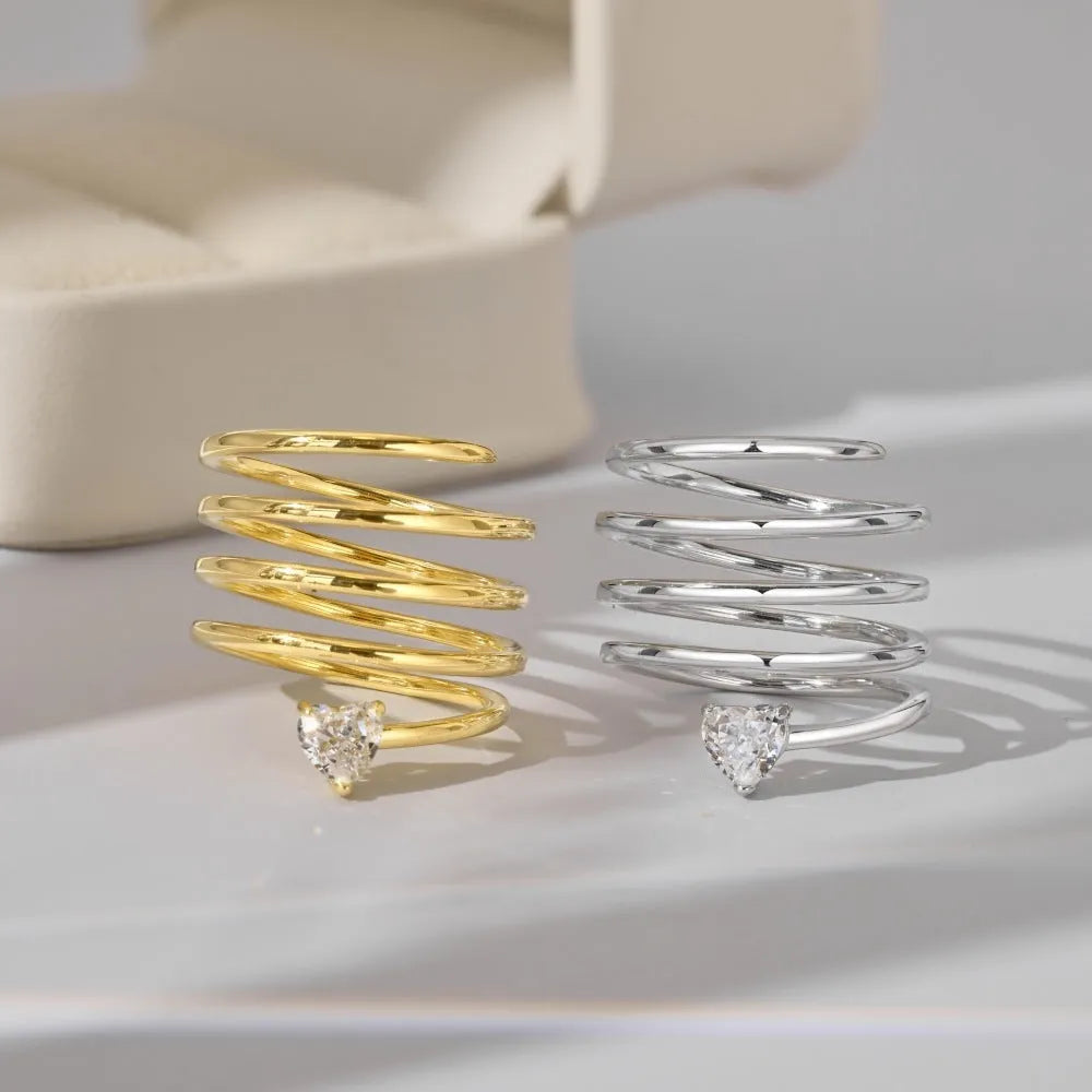S925 sterling silver ring for women with heart-shaped and geometric design, gold or platinum colour, sizes No 6 to No 9.