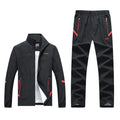Men's long-sleeved casual sports suit in black, polyester and cotton blend, lapel collar, sizes L to 4XL