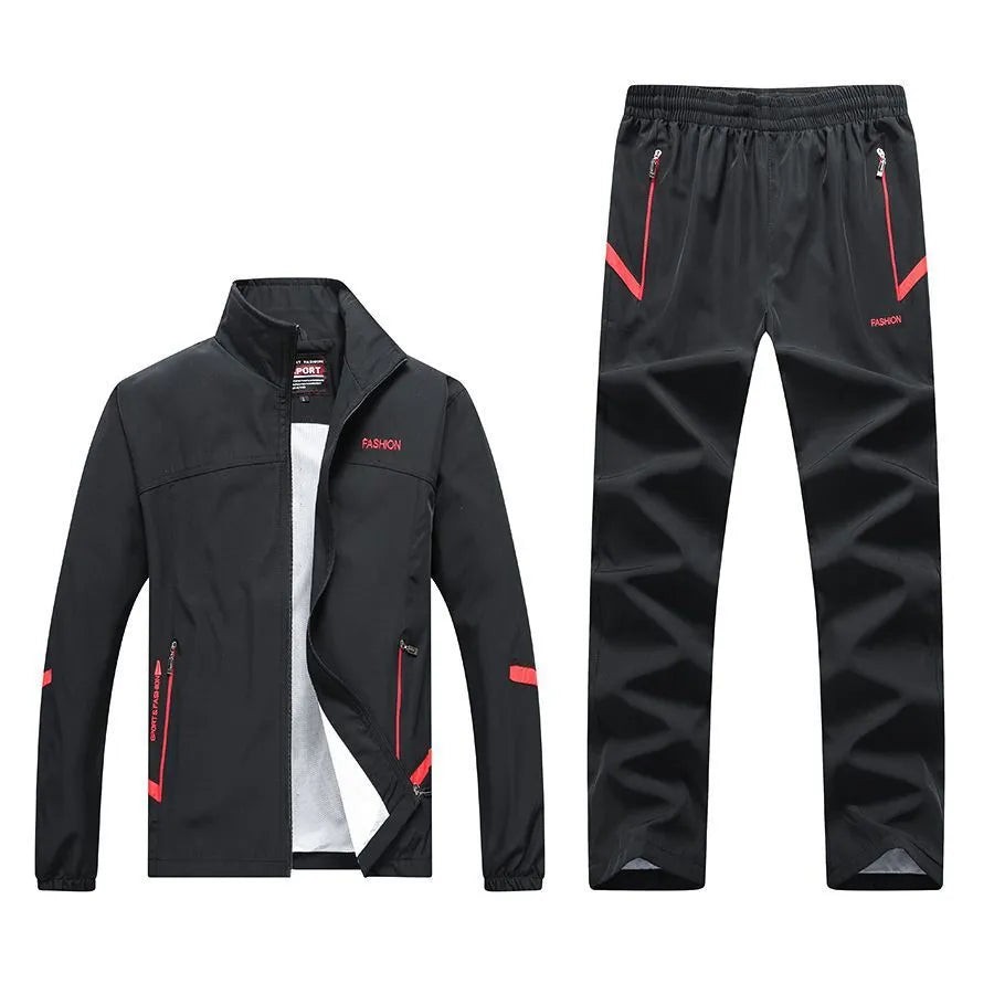 Men's long-sleeved casual sports suit in black, polyester and cotton blend, lapel collar, sizes L to 4XL