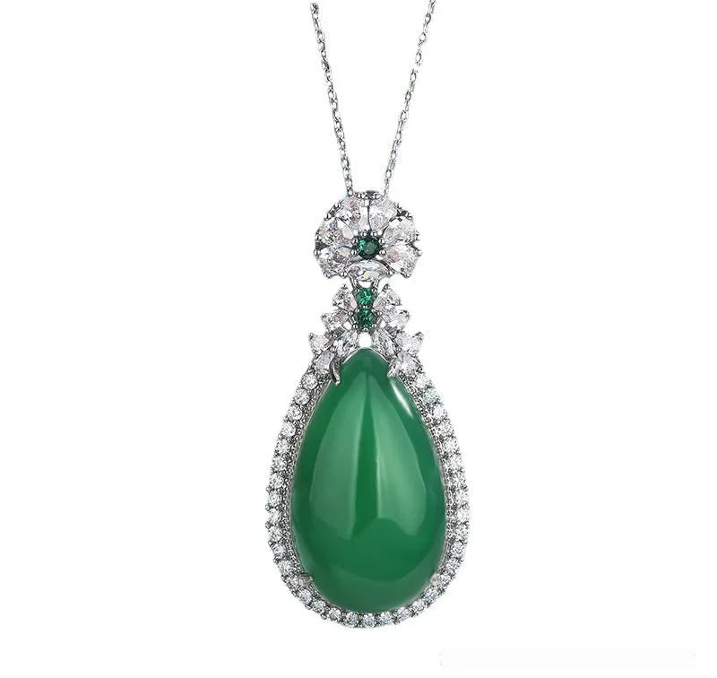 Green chalcedony water drop pendant with geometric ellipse shape and electroplated copper setting