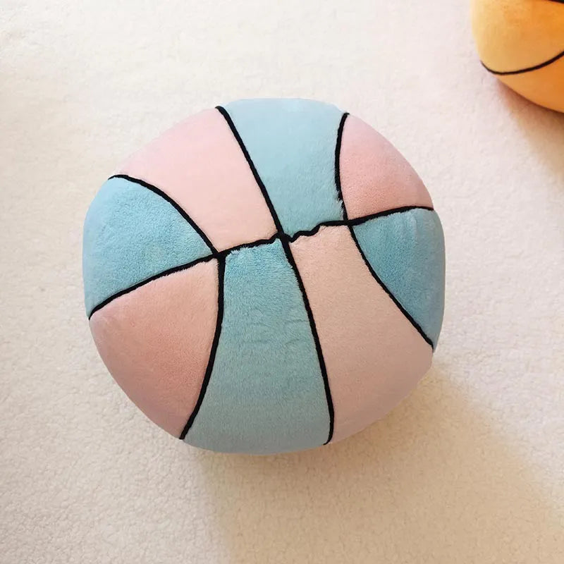 Soft spherical basketball plush toy in orange with black lines, 28cm tall, on a light background