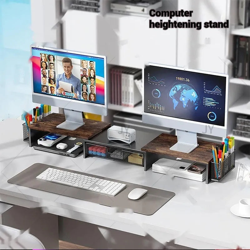 Dual-station desktop monitor rack in wood finish on a desk with laptops