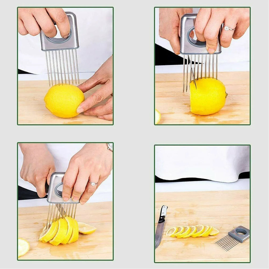 Stainless steel onion holder with sharp prongs and a red finger guard on a kitchen counter.
