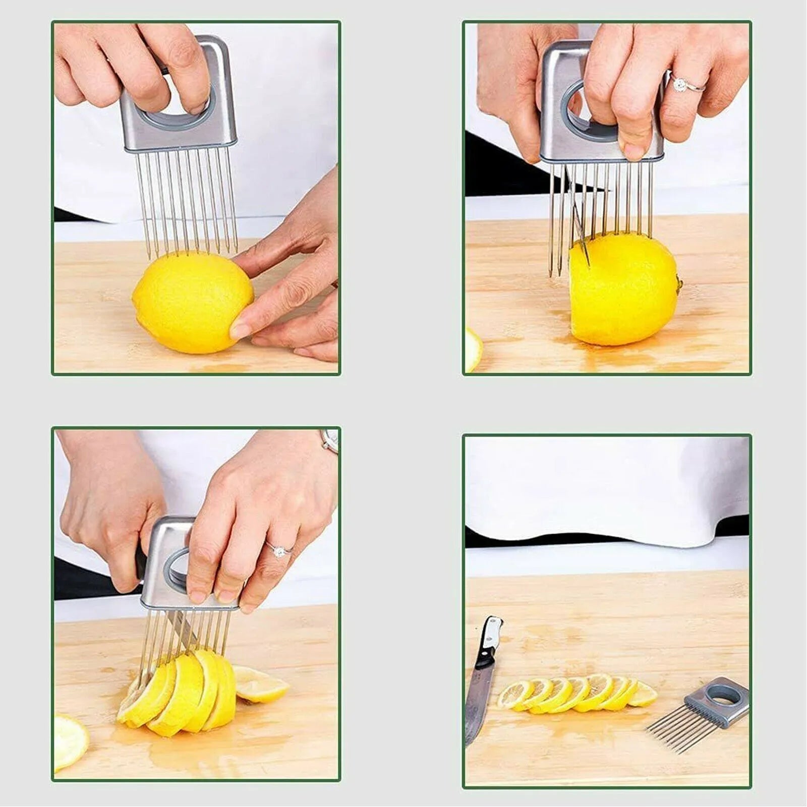 Stainless steel onion holder with sharp prongs and a red finger guard on a kitchen counter.