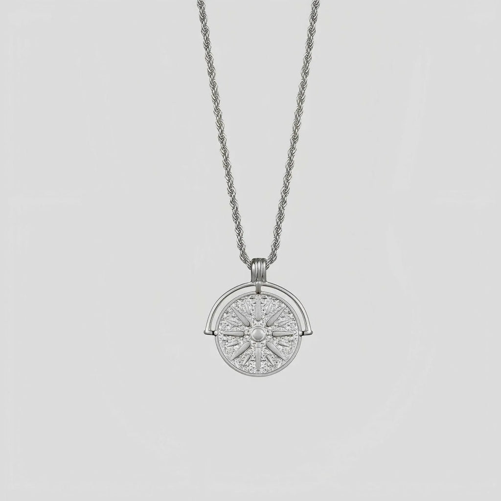 Titanium steel sunflower embossed pendant necklace with geometric design on hemp flowers chain