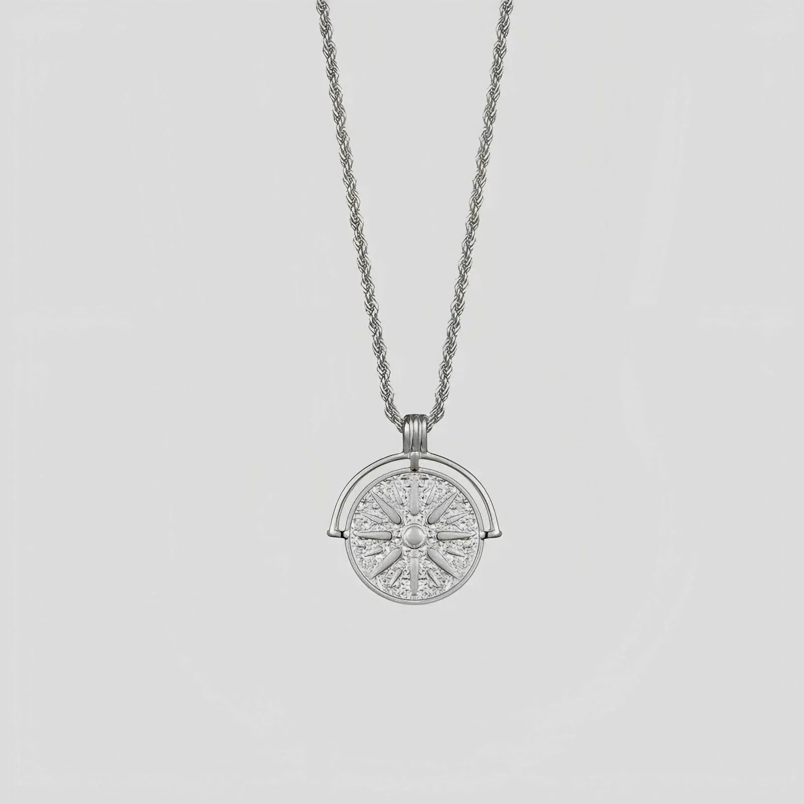 Titanium steel sunflower embossed pendant necklace with geometric design on hemp flowers chain