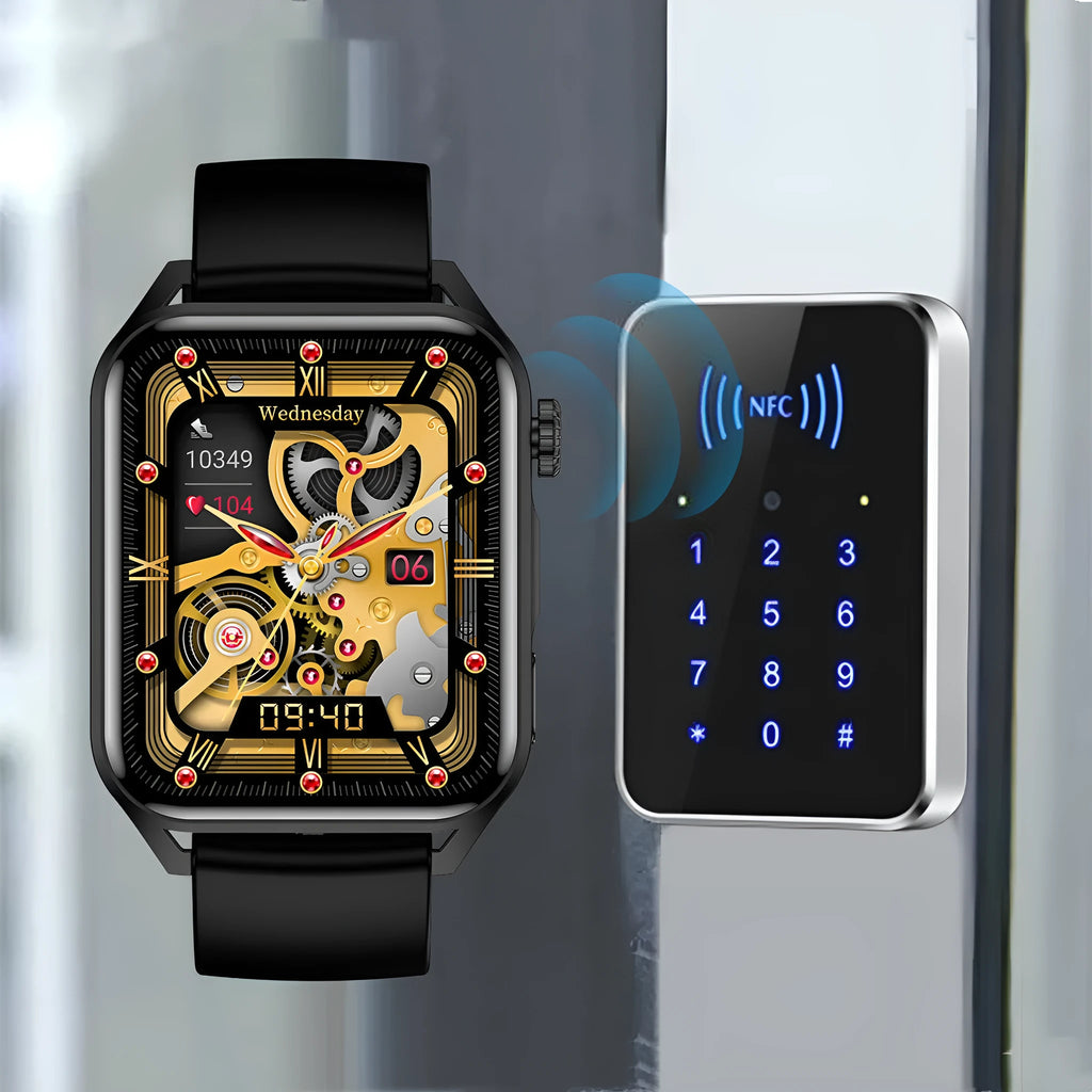 AMOLED NFC smart watch with 1.8-inch screen and pink silicone strap on wrist