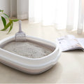 Plastic semi-enclosed cat litter box in blue with scoop, size S 41x34x71 cm