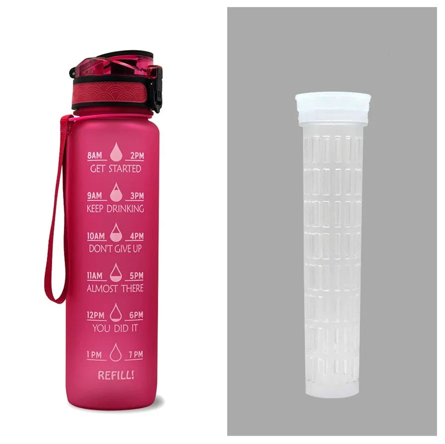 Blue and red gradient 1 litre Tritan sports water bottle with time markers and a black flip-top lid.