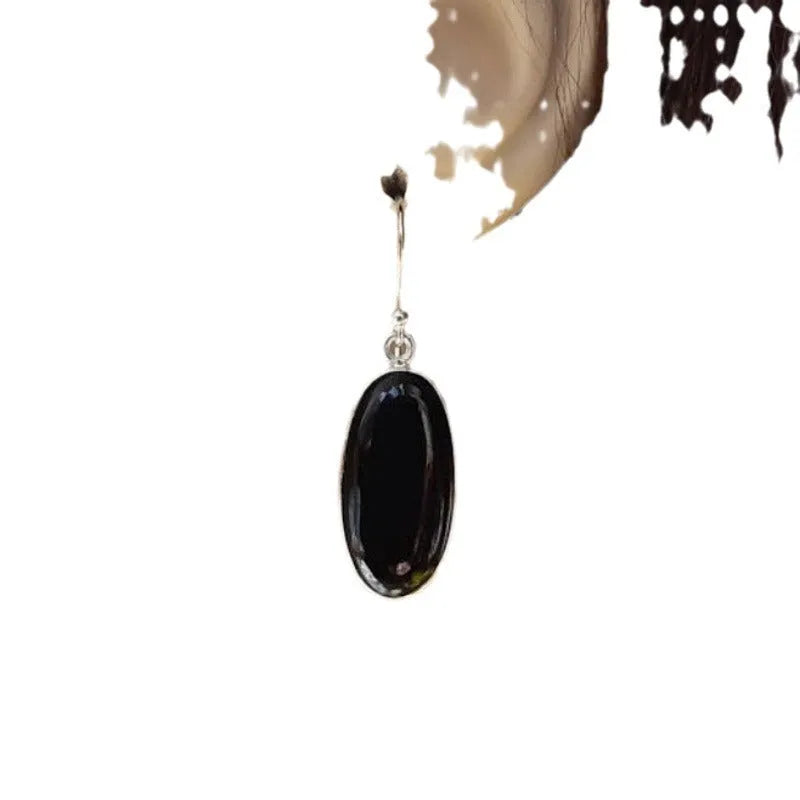 Women's earrings with 925 silver electroplating and black agate oval pendants in geometric Chinese style
