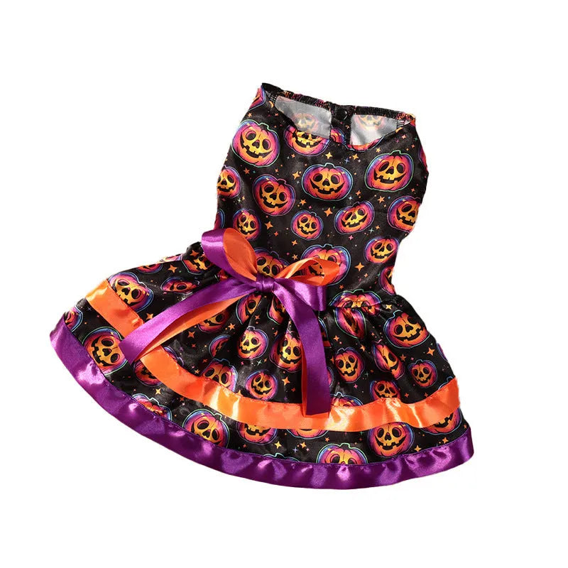 Double-layer dog Halloween skirt with colourful pumpkin or skull pattern