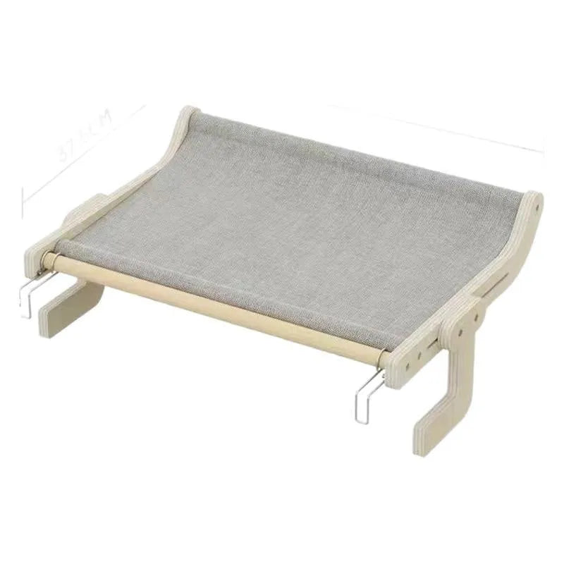 Extra large cat hanging bed with solid wood board in blue on a balcony, with canvas hammock