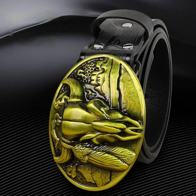 Men's belt with cow head buckle in imitation leather with alloy buckle