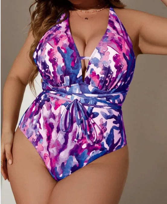 Solid colour purple one-piece halter swimsuit for adult women in briefs style