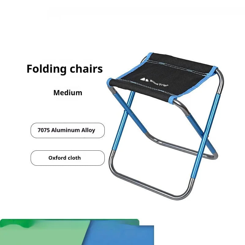 Black national style aluminium alloy folding camp stool shown in open and folded positions.