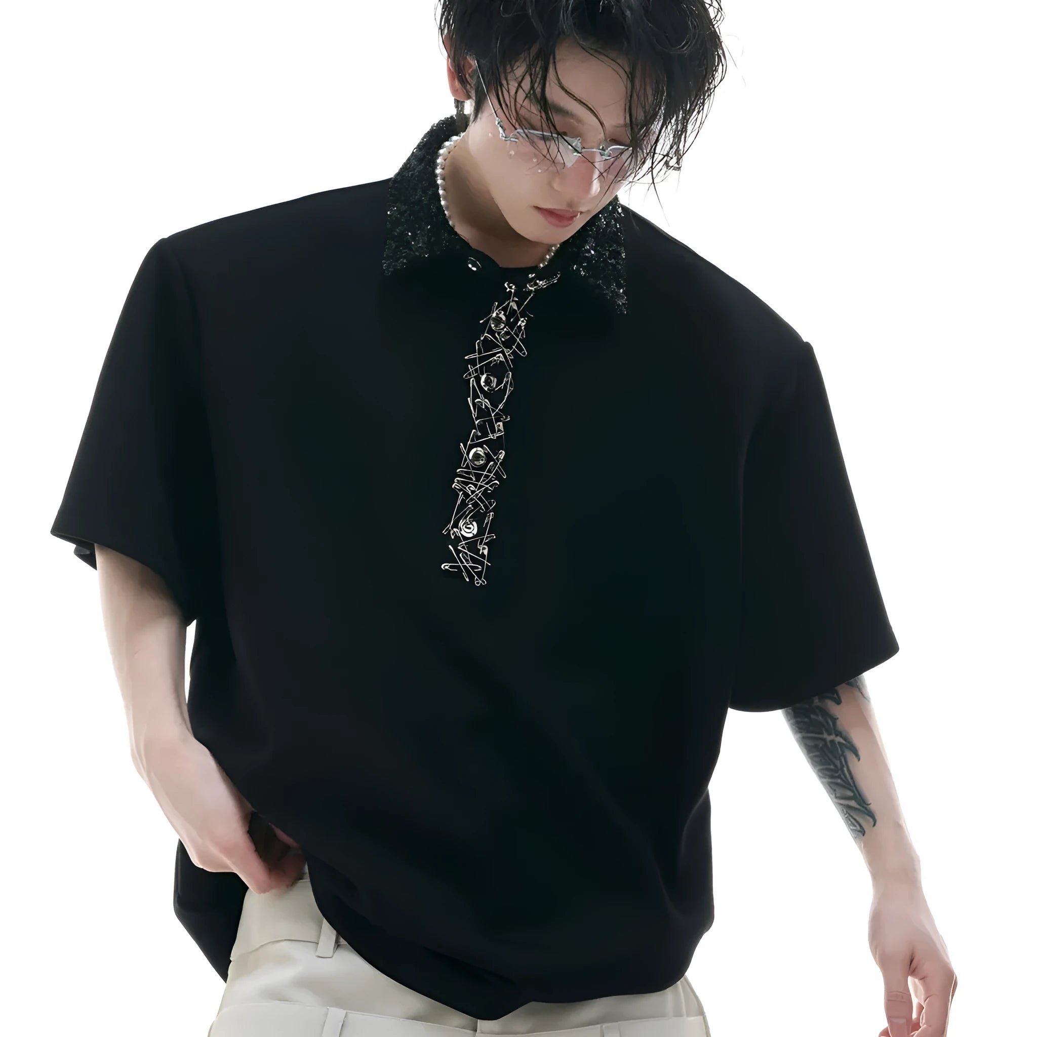 Black sequined square neck short sleeved shirt with loose fit and metal decoration details