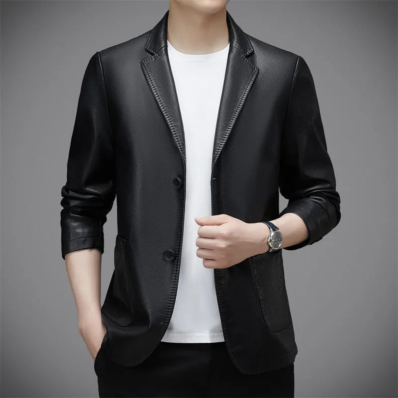 Men's trendy PU leather jacket coat in black, Korean style, sizes 170-195