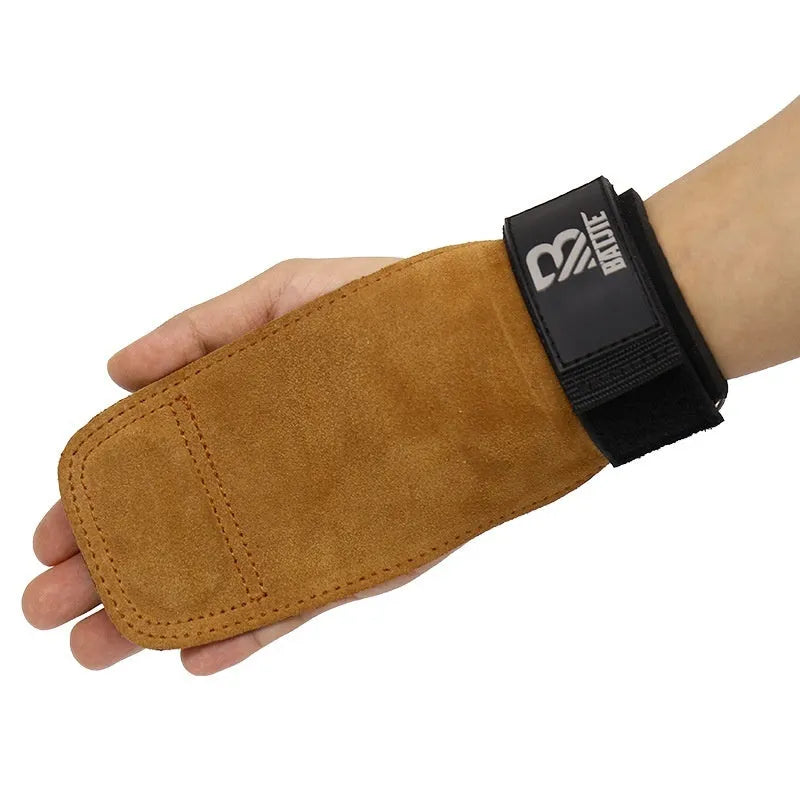 A pair of brown neoprene grip strength bands or wrist protectors for fitness training.