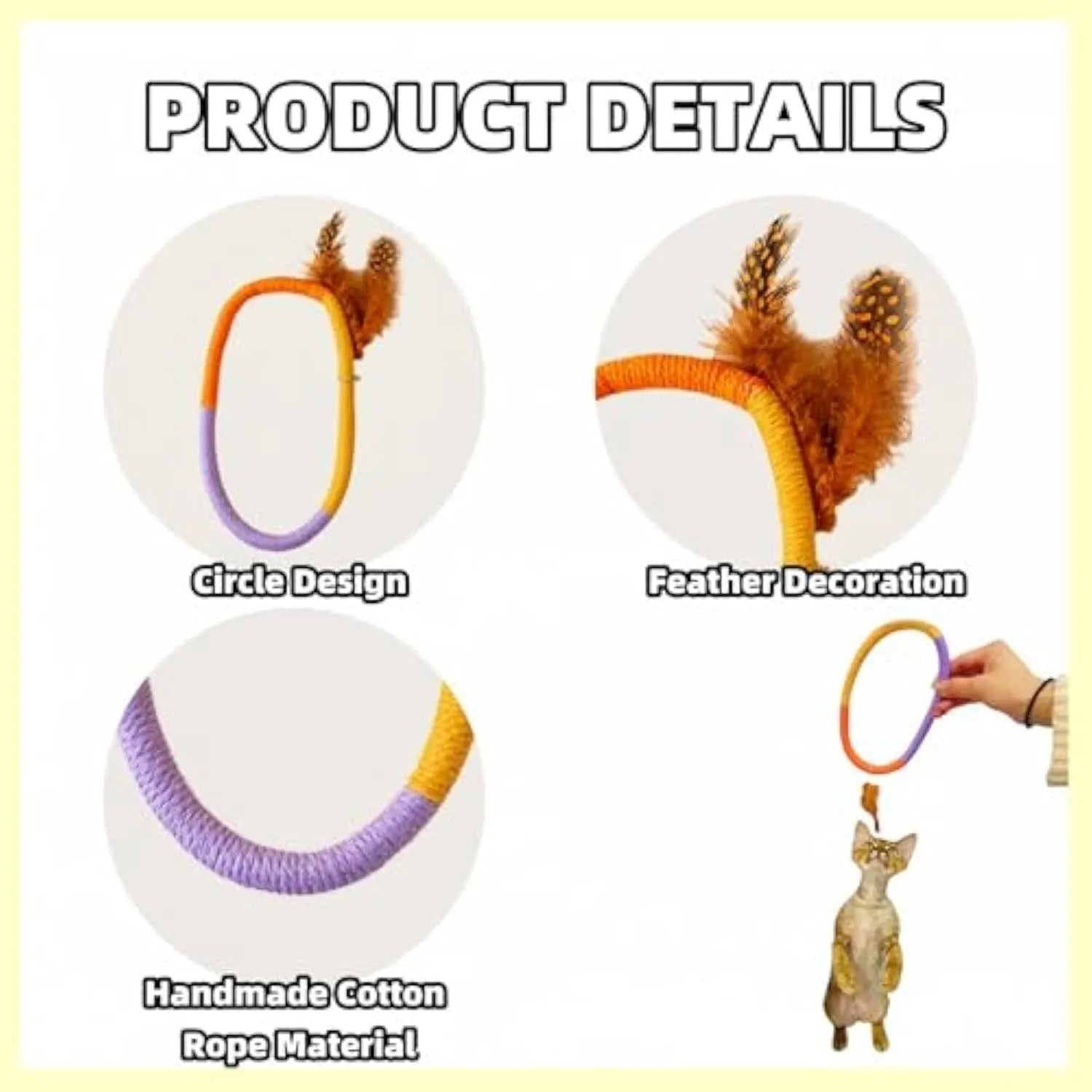 Circular green cotton rope cat toy with feathers and catnip for interactive feline play