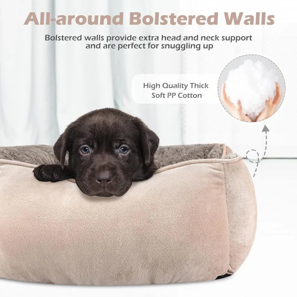 Beige pet kennel bed with golden retriever stuffed toy and removable faux fur cover