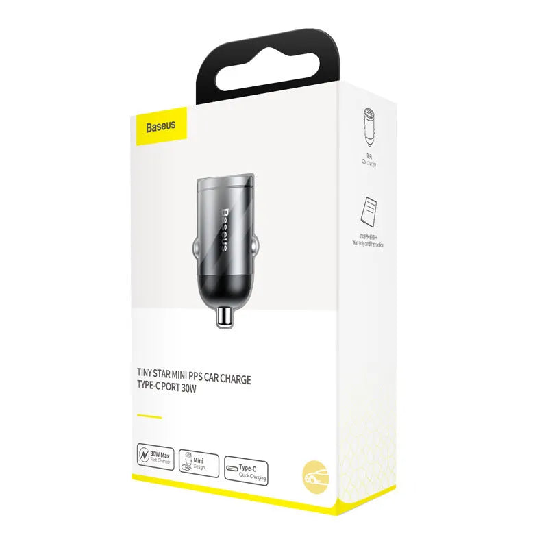 Grey Baseus Huixiaoxing 30W single USB car charger with a 1-metre cable.