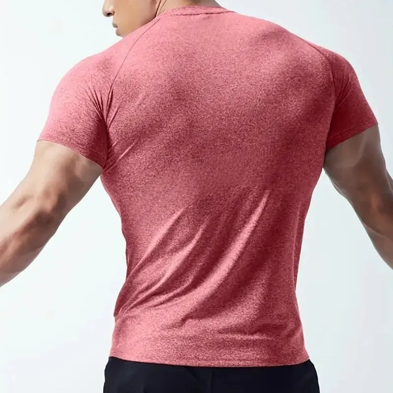 Men's tight stretch polyester quick-dry t-shirt in black, grey, green, or pink for running