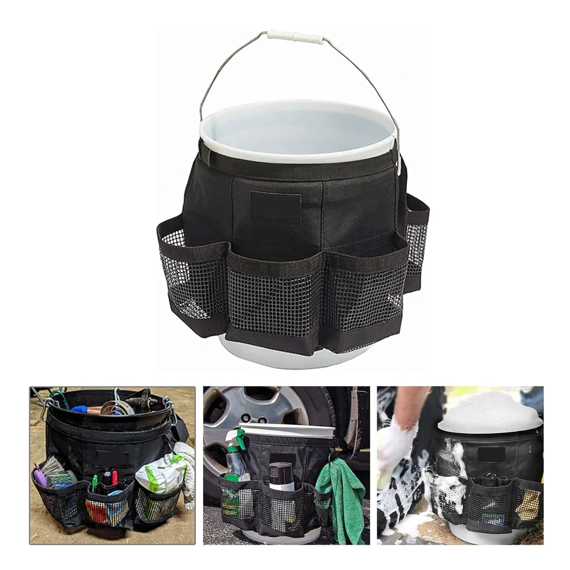 Black cylindrical polyester storage bag with straps hanging from a 5 gallon bucket.