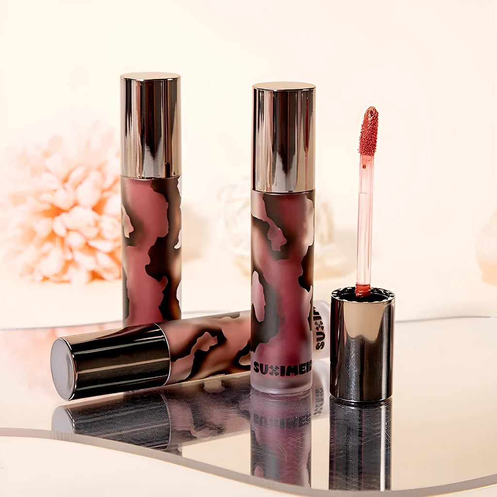 Lava Secret Matte Lip Mud Lipstick in five colour options including orange brown coffee and smoked purple.