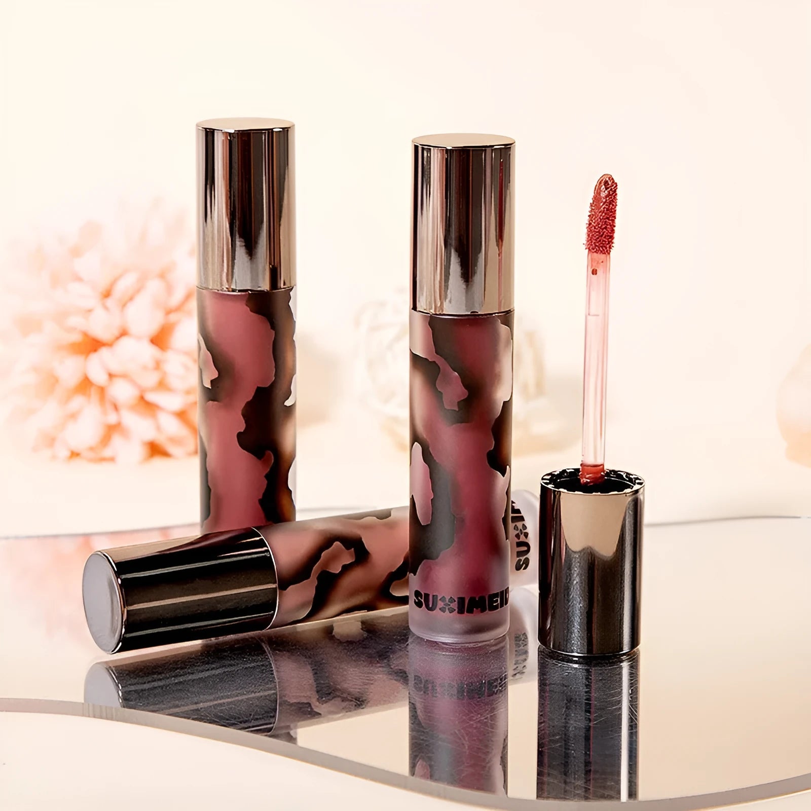 Lava Secret Matte Lip Mud Lipstick in five colour options including orange brown coffee and smoked purple.