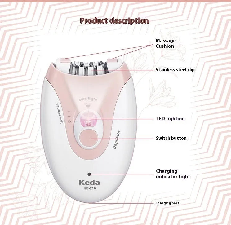 KEDA-216 coloured USB electric epilator for full body hair removal with brush cleaner